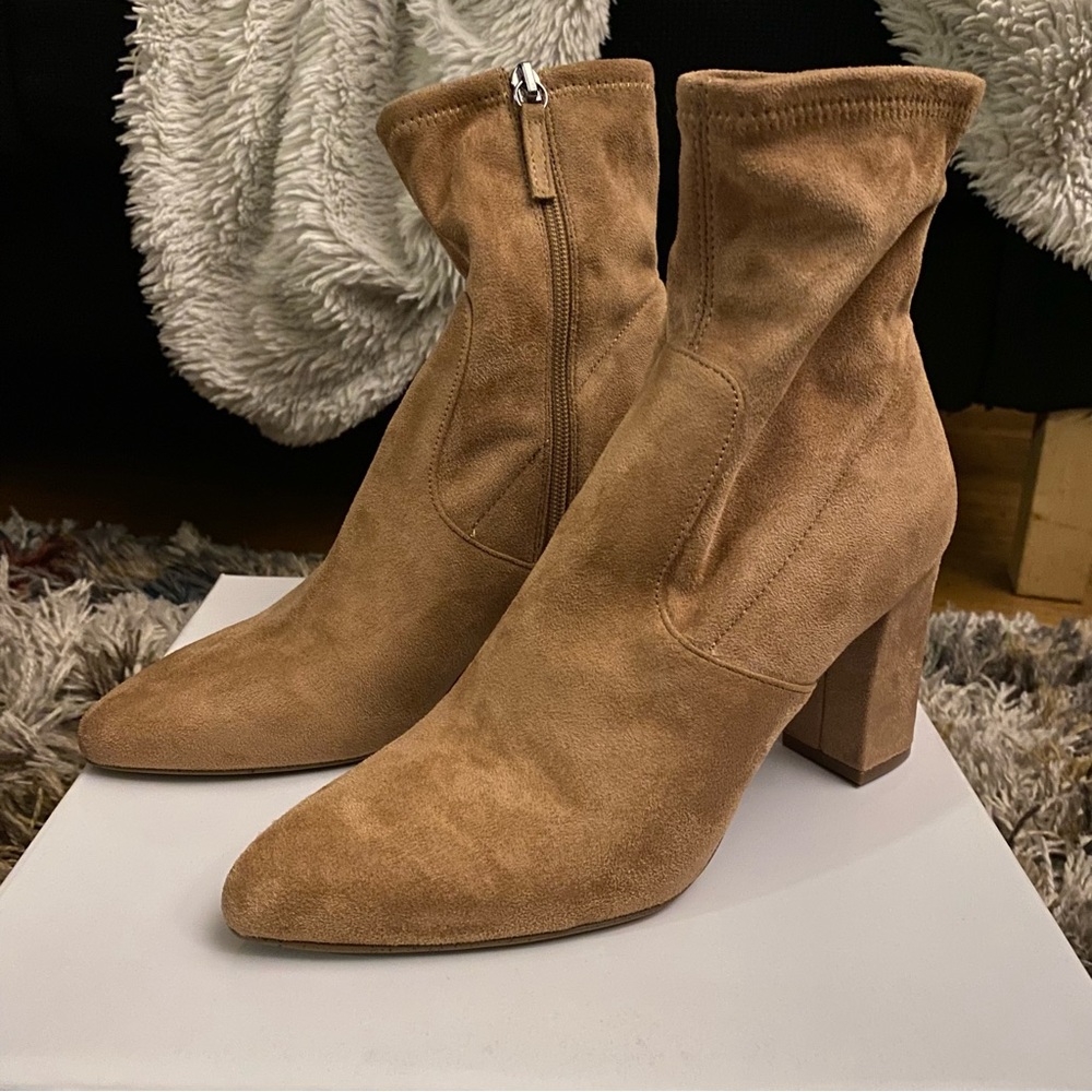 NEW Steve Madden Edril Sock Bootie 3” - Camel Tan Brown Vegan Suede